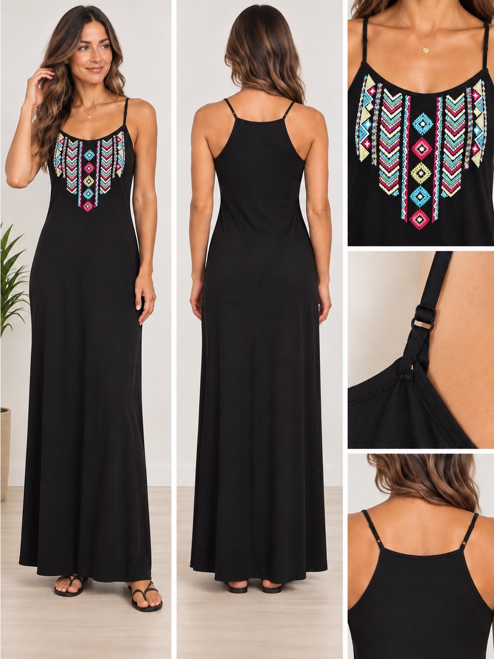 Raviya Black Maxi Dress Embroidered Boho Geometric Spaghetti Strap Size S